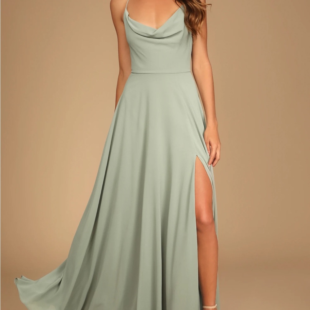 Lulu’s | Romantically Speaking Sage Green Cowl Lace-Up Maxi Dress
